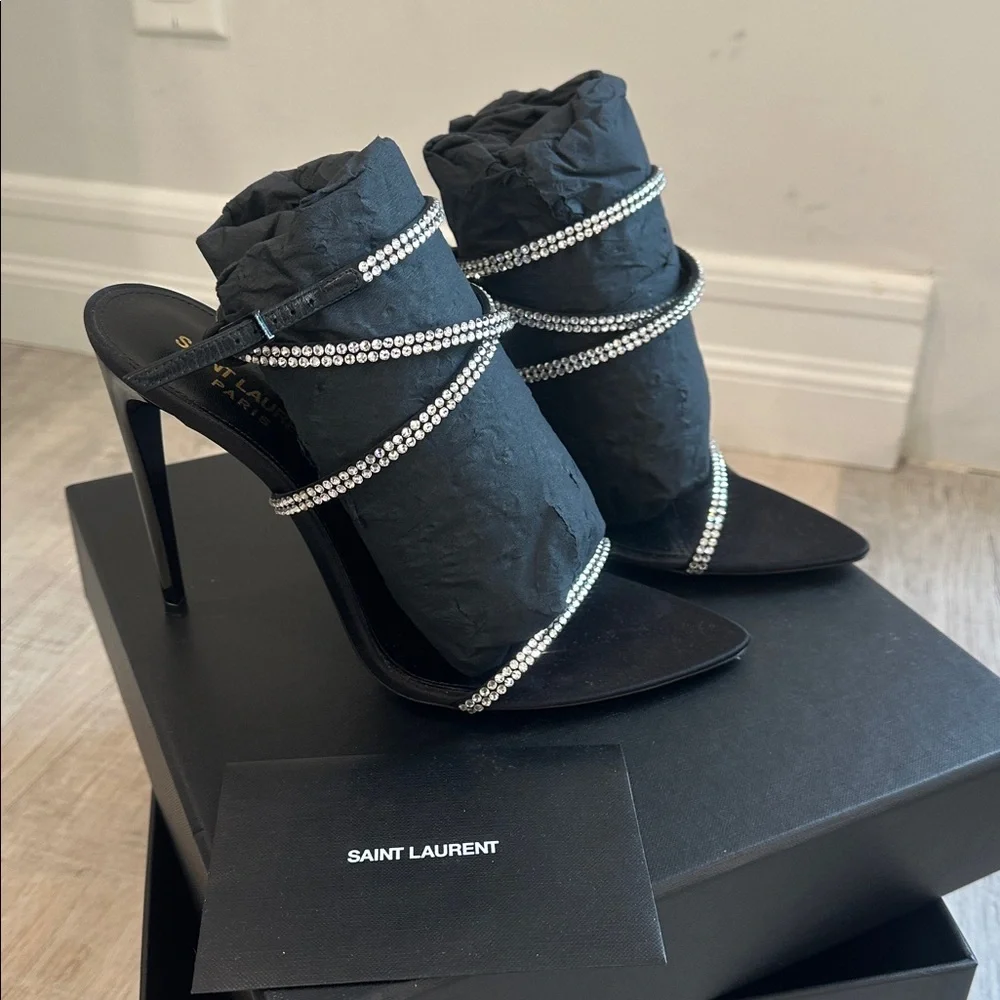 Saint Laurent Black Sandals with Rhinestone Embellishments - Picture 2 of 8